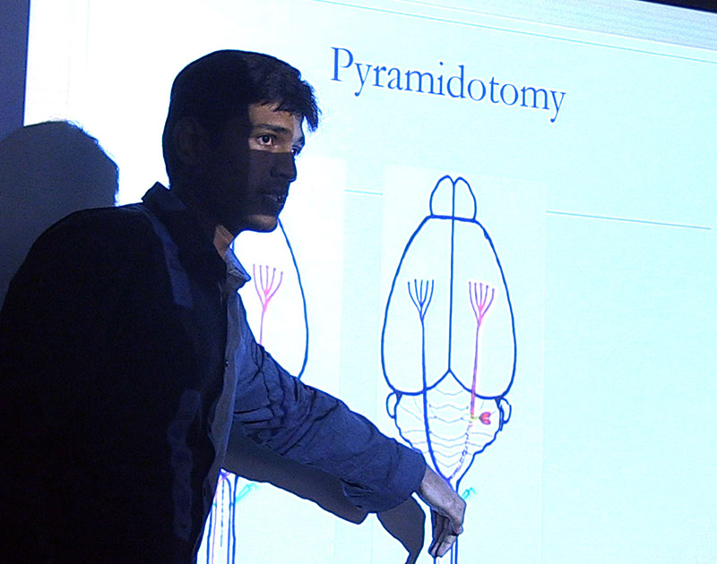 Naveen Jayaprakash, a postdoctoral researcher, makes a presentation on optogenetics at a weekly lab meeting.